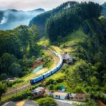 Sri Lankan train on mountain track. scenic view, Nuwara Eliya, Ella area